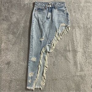 Signature 8 Denim Maxi Skirt Womens Size Small‎ Asymmetrical Frayed Raw Hem Blue